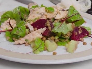Rezept für Pulled Lachs mit Rote Bete-Linsen-Salat 